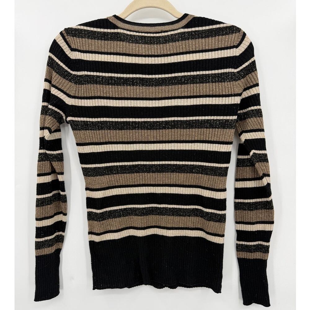 FRAME Panel Stripe Metallic Rib Knit Sweater Black Tan Medium - Picture 4 of 8